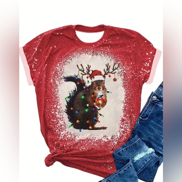 Womens Christmas Santa Squirrel Tangled in Lights Red Bleached T-Shirt - Picture 1 of 10